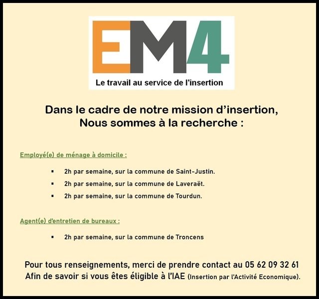 EM4 - Le travail au service de l'insertion : recherche employée de ménage véhiculé sur le...